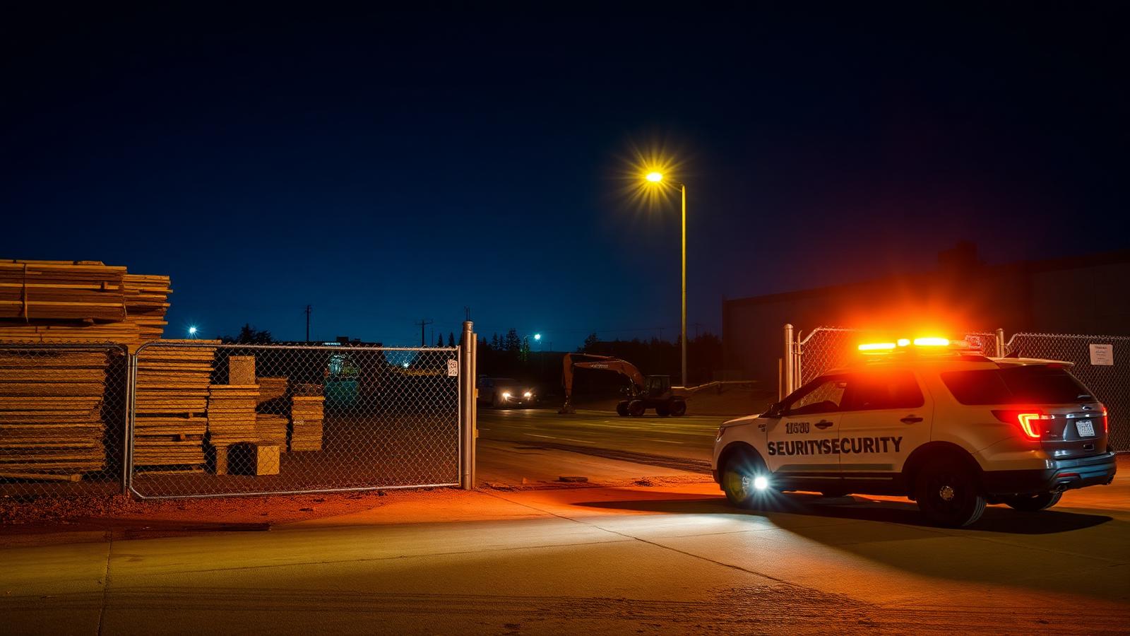Marked security patrol SUV with amber light bar at a Sacramento construction site gate at night